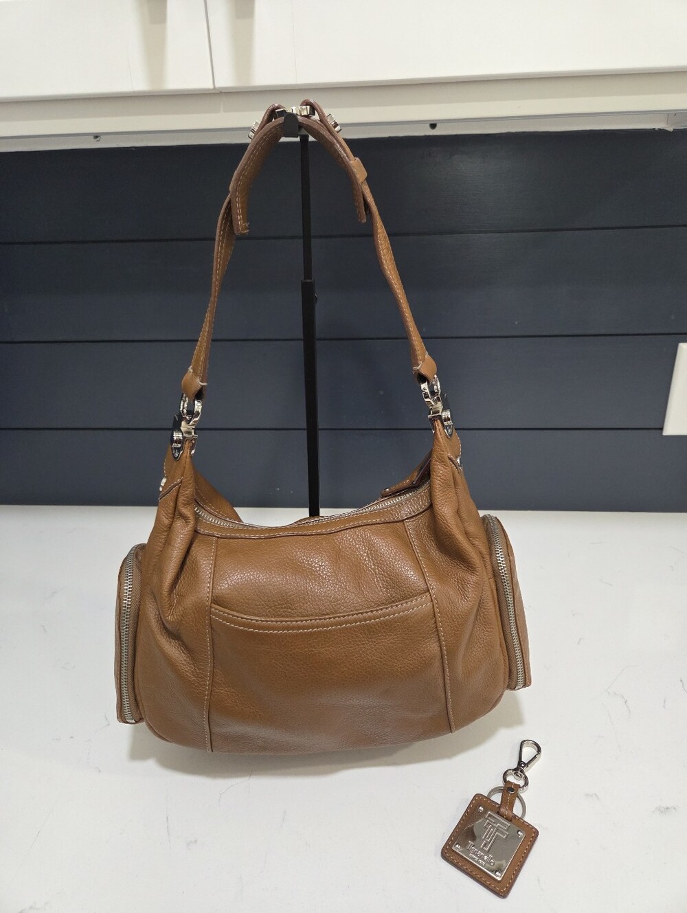 Tignanello Hobo Bag Warm Cognac Brown Leather Silver Trims